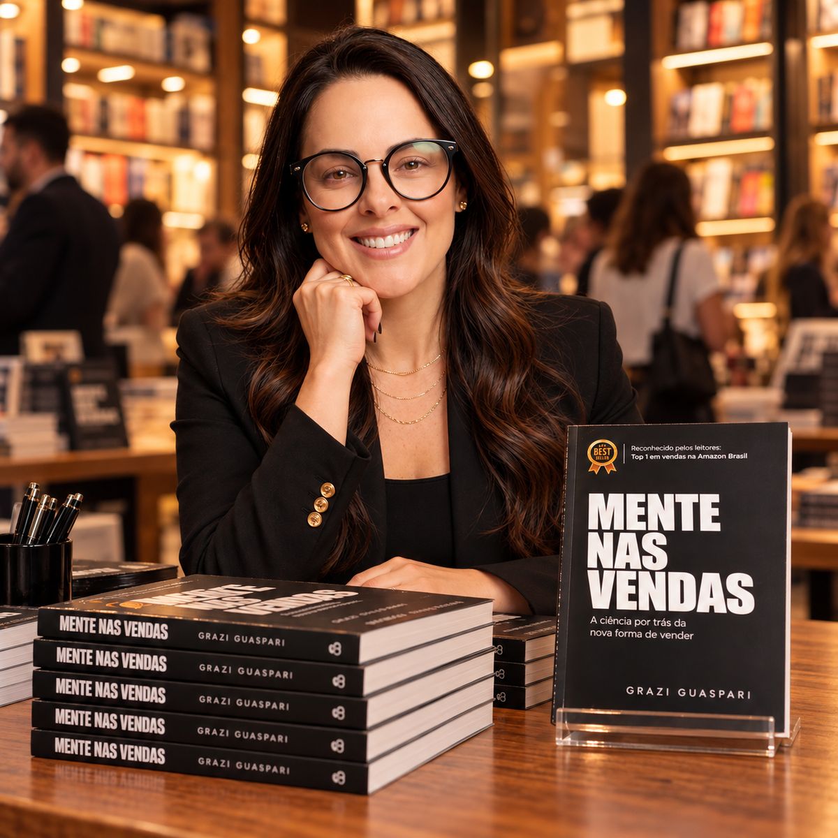 Grazi Guaspari sorrindo em uma livraria, ao lado de exemplares do livro Mente nas Vendas